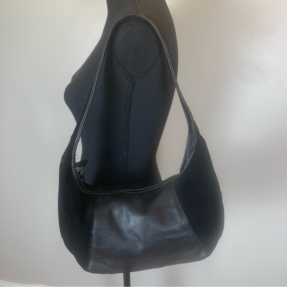 Classic Black Suede & Leather Hobo Shoulder Bag